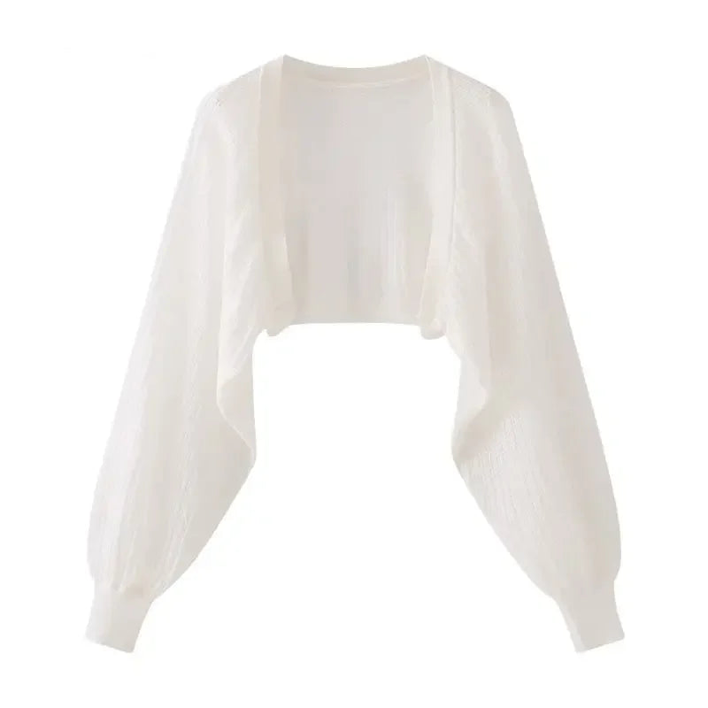 Open Front Pointelle Knitted Cardigan Women Bolero Crop Top Spring