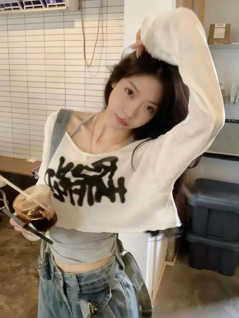 Y2k Summer Two Piece Oversize Cropped T Shirt Tank Top Set Women Short