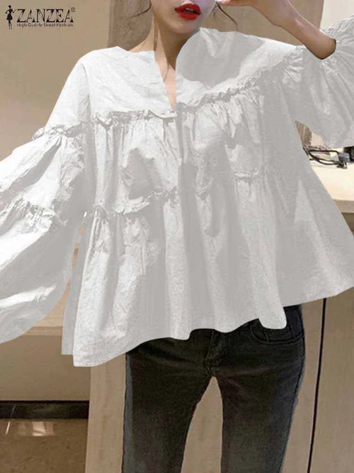 ZANZEA Fashion Women Long Puff Sleeve Blouse Autumn Spring Eelgant