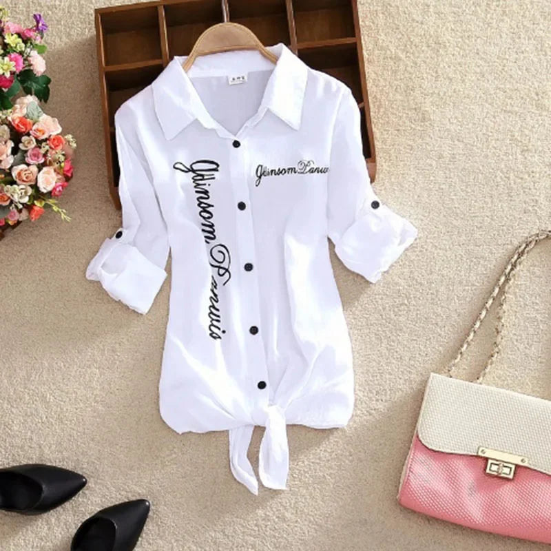 Women Spring Summer Casual Blouses Shirts Lady Long Sleeve Turn-down