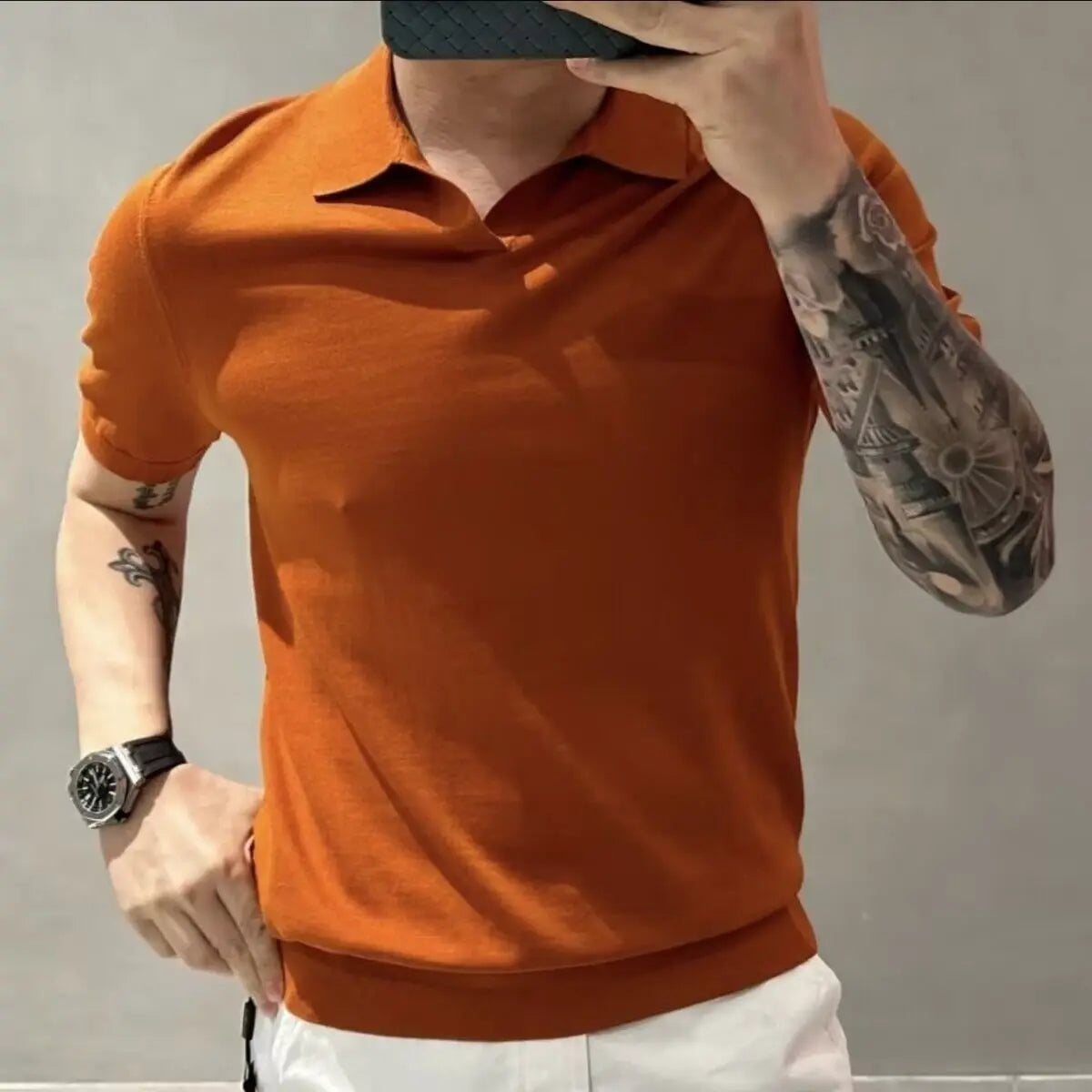2023 Men's Clothing Light Luxury Knitted Polo Shirt Casual Soild