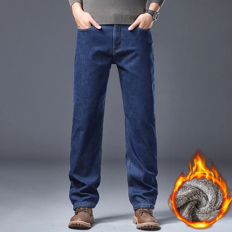 Men's Fleece Lined Thicken Jeans Winter Warm Stretch Slim Fit Denim