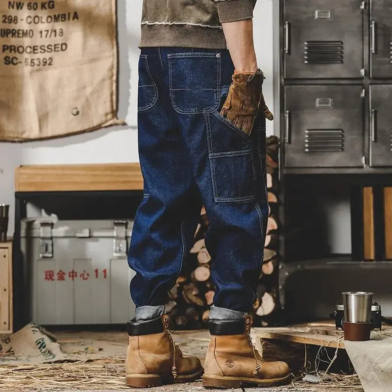 American Retro Work Jeans Men's Autumn Fashion Loose Open Thread