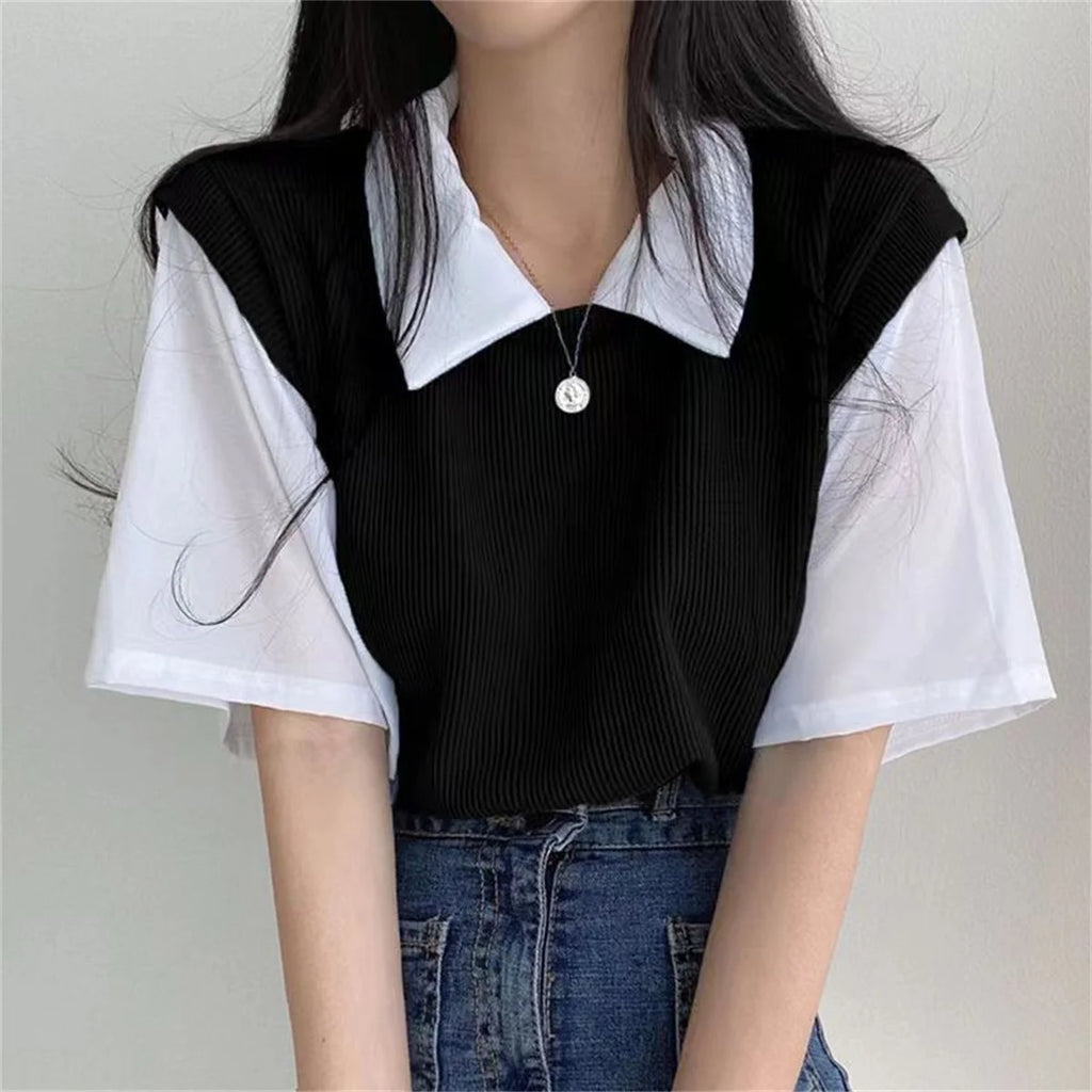 Summer Academy Style Color Blocking Polo Collar Top Fake Two-piece