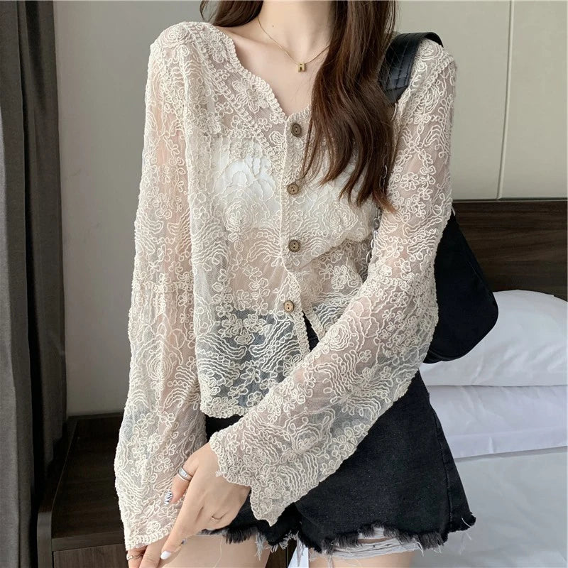 Sheer Crochet Top Long Sleeve Button Front V-Neck Open-knit Embroidery