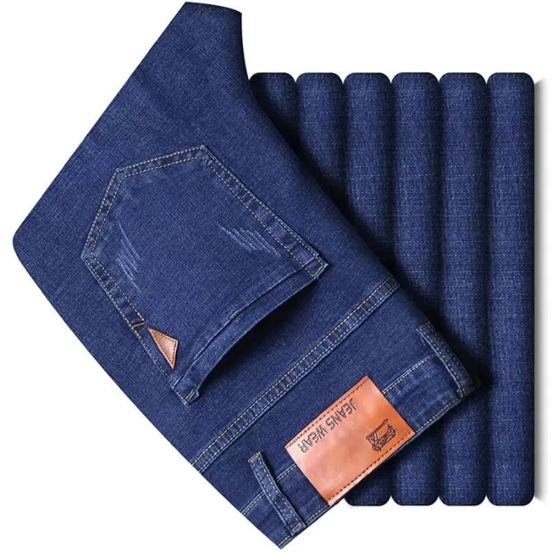 New men's straight leg jeans classic black blue micro elastic casual