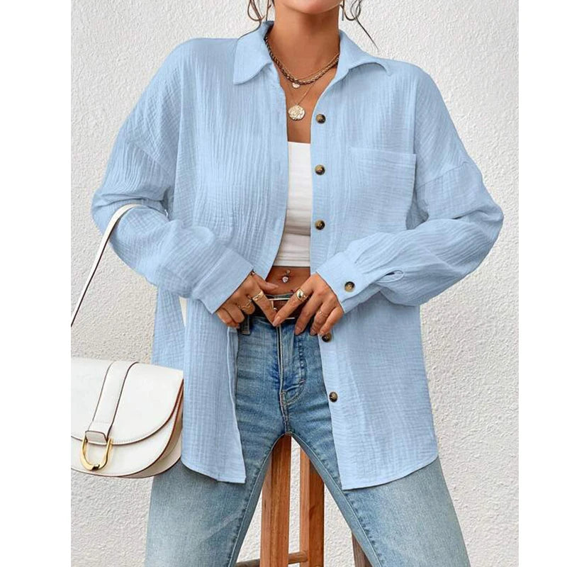 100% Cotton Gauze Muslin Women Shirts Casual Turn Down Collar Long