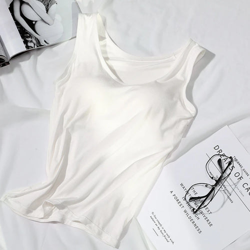 2023 Women's Vest Tops with Built In Bra Neck Vest Solid Color Padded
