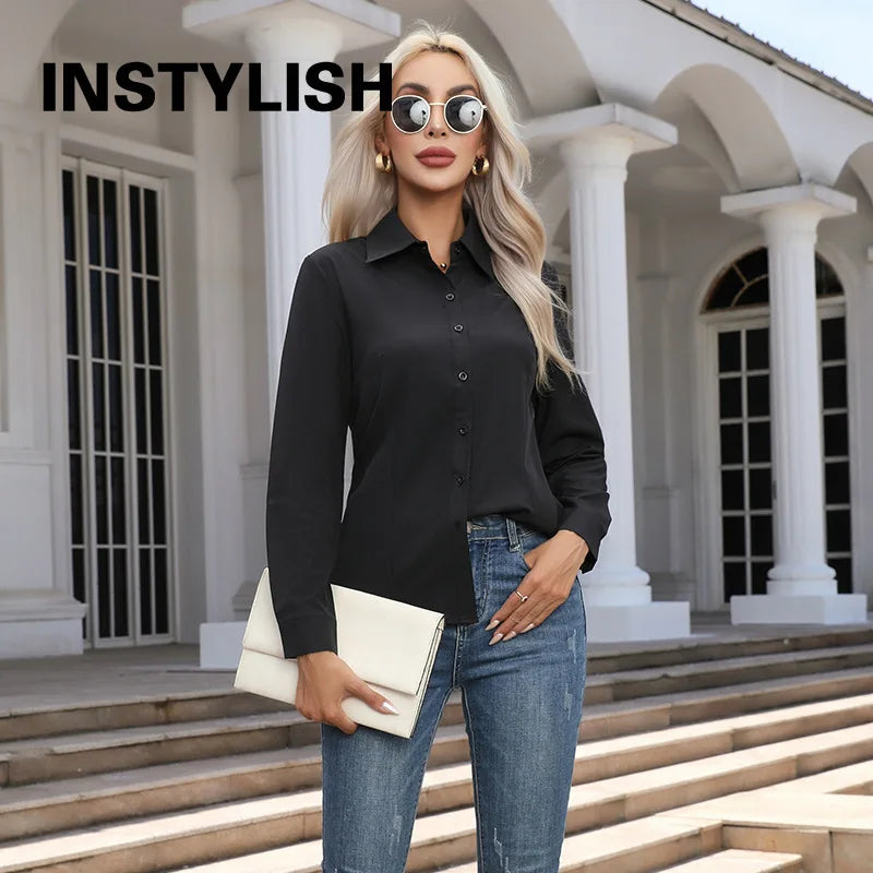 Women Elegant Solid Button Shirt Chiffon Blouse Spring Summer Casual