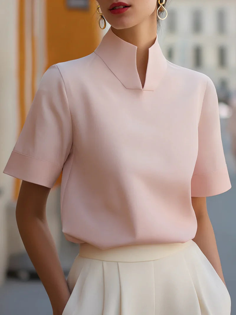 Stand Collar Short Sleeve Blouse Elegant Office Wear Casual Workwear