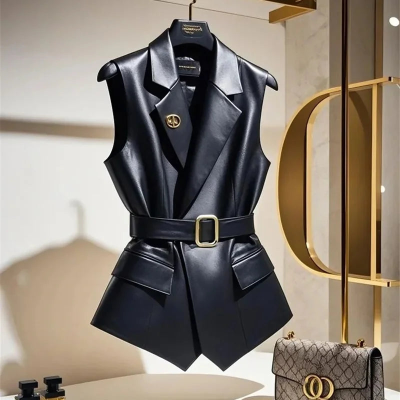 Black PU Leather Vest Coat Women Fashion Belt Brooch Sleeveless
