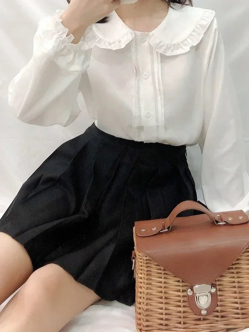 White Shirt Women Kawaii Peter Pan Collar Blouses Button Up Long