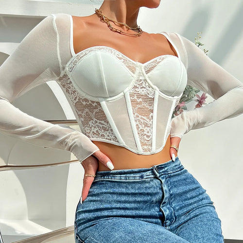 Chic Sexy V Neck Long Sleeve Mesh Crop Top, Women Black Backless Lace