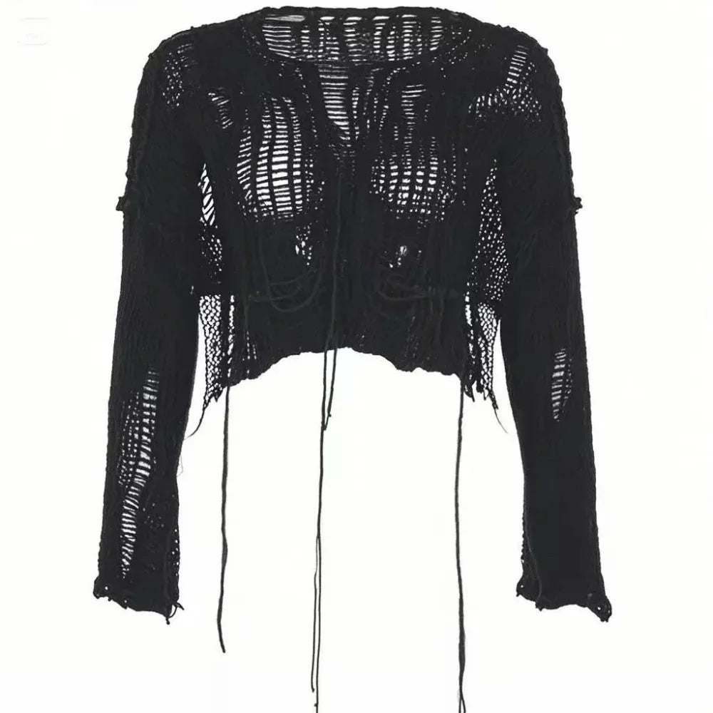 Y2k Cropped Hole Sweater Sexy Gyaru Hollow Out Knit Pullovers Goth