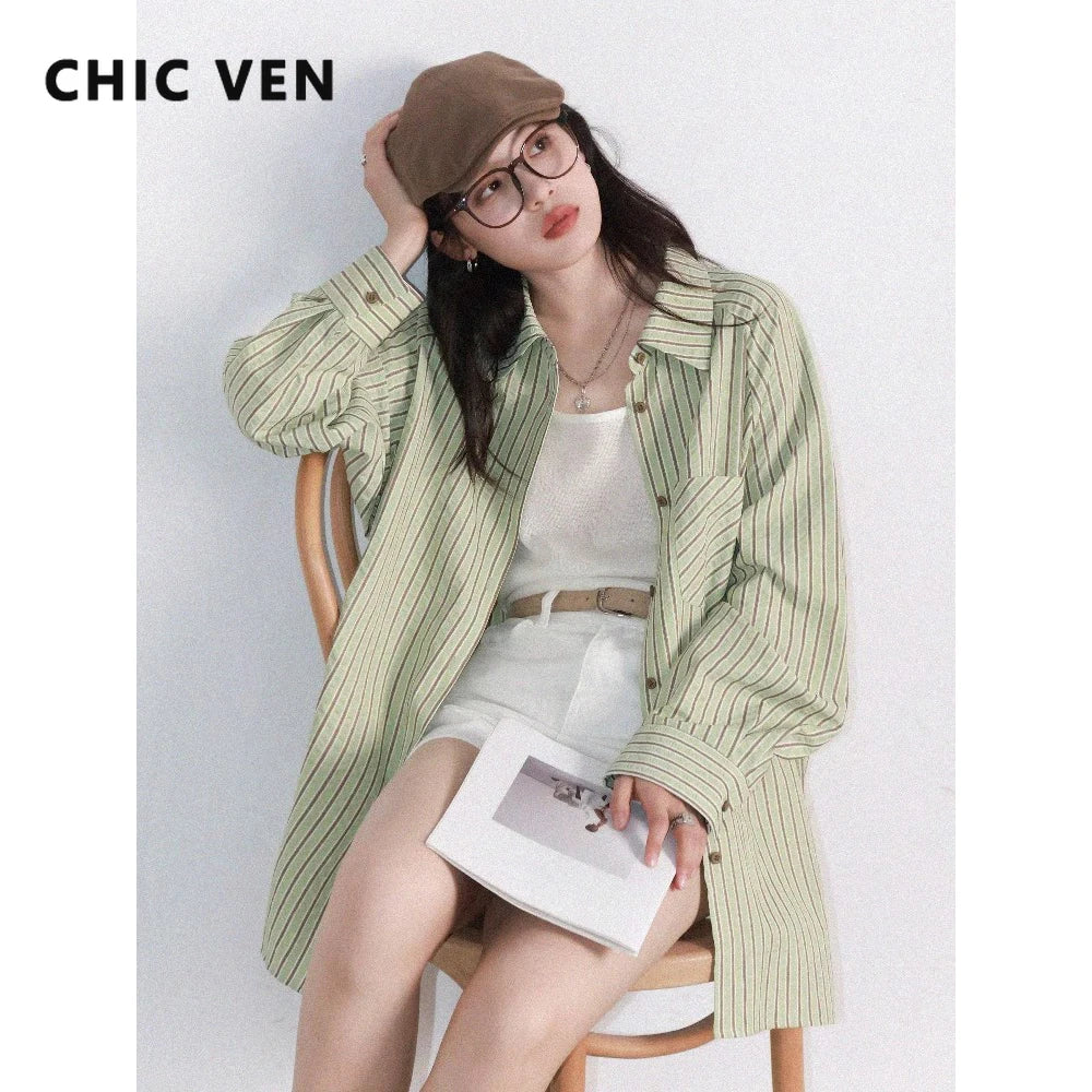 CHIC VEN Women Shirt Single Breasted Loose Casual Vertical Striped