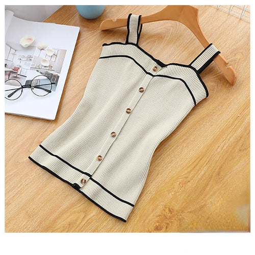 New Knit Tank Top Button Crop Tops Sexy Women Summer Camis Backless