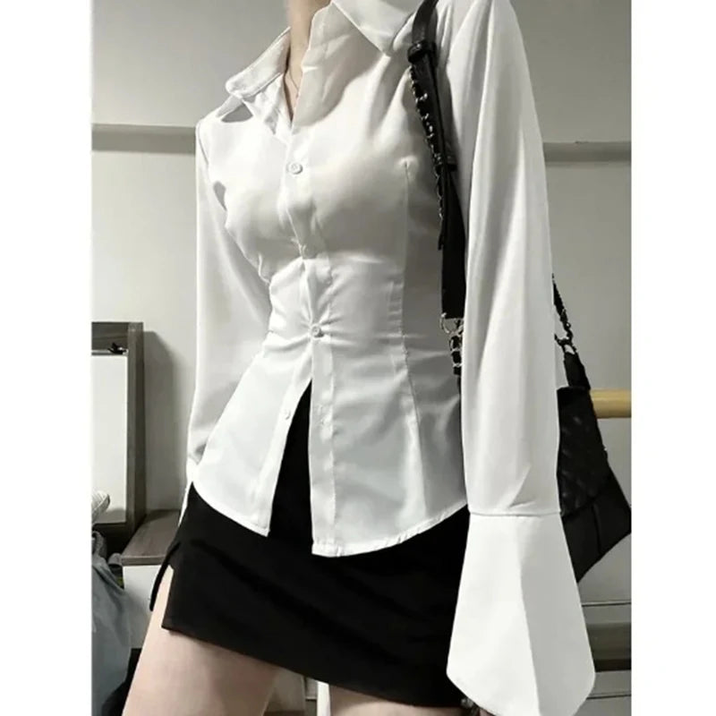 Women White Bandage Shirts Korean Sexy Slim Flare Long Sleeve Female