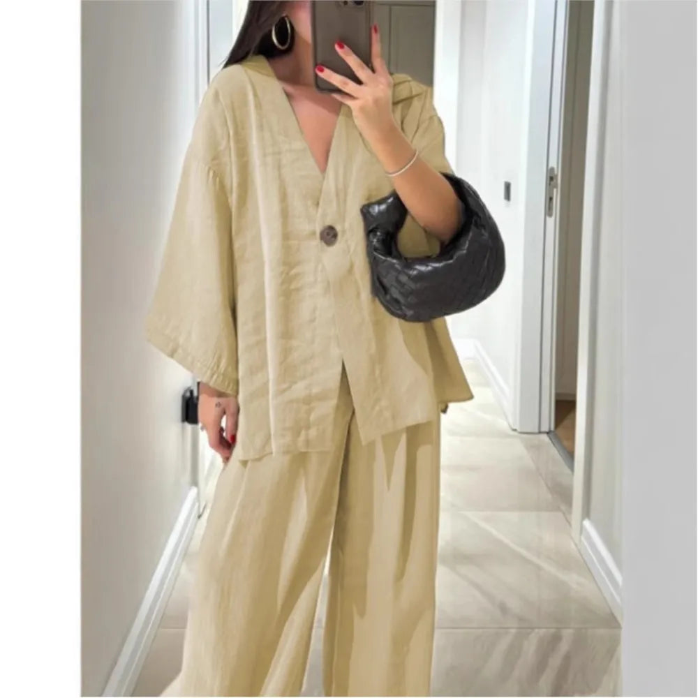 Women'S Classic Solid Wide Leg Pants Suits Summer Fashion V Neck One