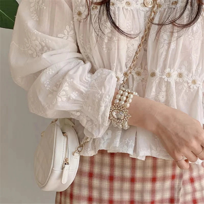 Women Fashion V-neck White Women Blouse Spring Flower Loose Hollow