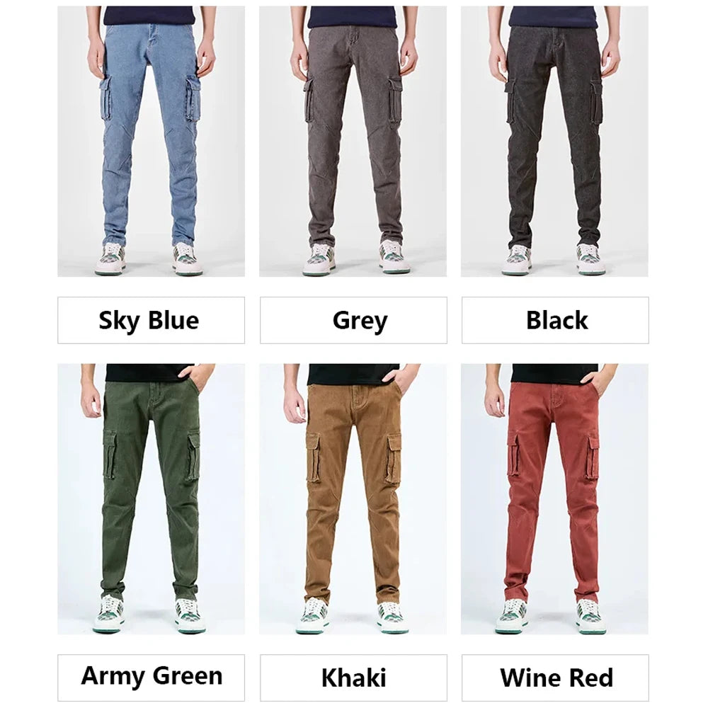 Men's Street Style Elastic Waist Denim Cargo Pants Solid Color Washed