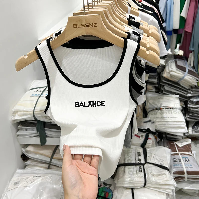 Women Solid Round Neck Embroidered Letters Tank Top 2026 Camisole