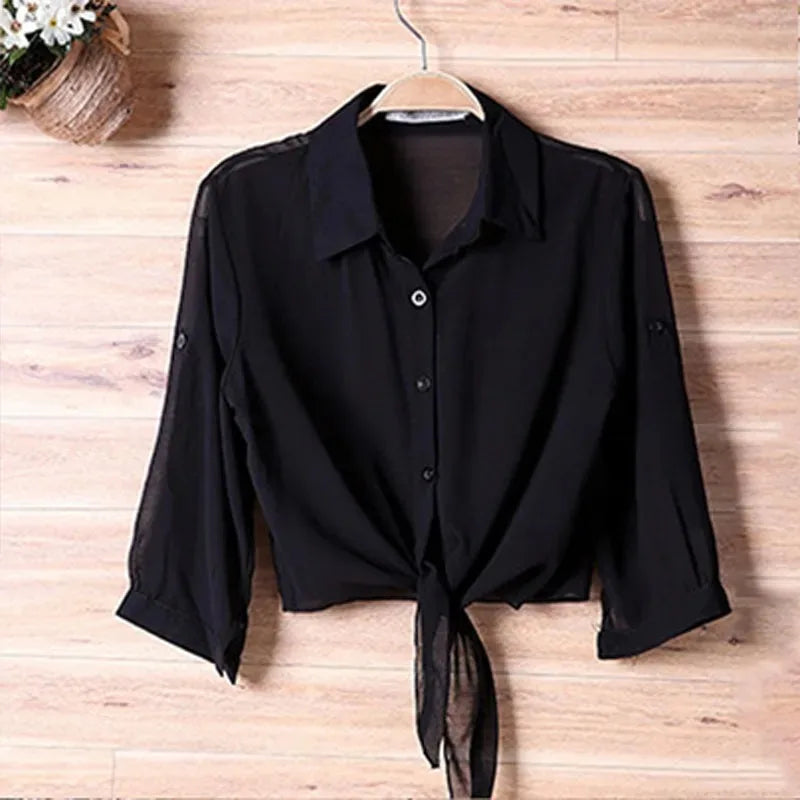 Thin Short Sleeve Chiffon Blouse for Women Casual Button Up Shirts