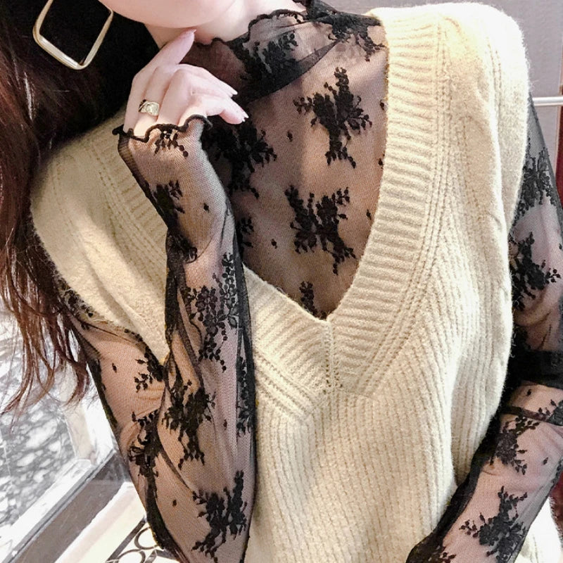 Women Half High Collar Mesh Bottomed Blouse T-shirt Lace Ear Edge