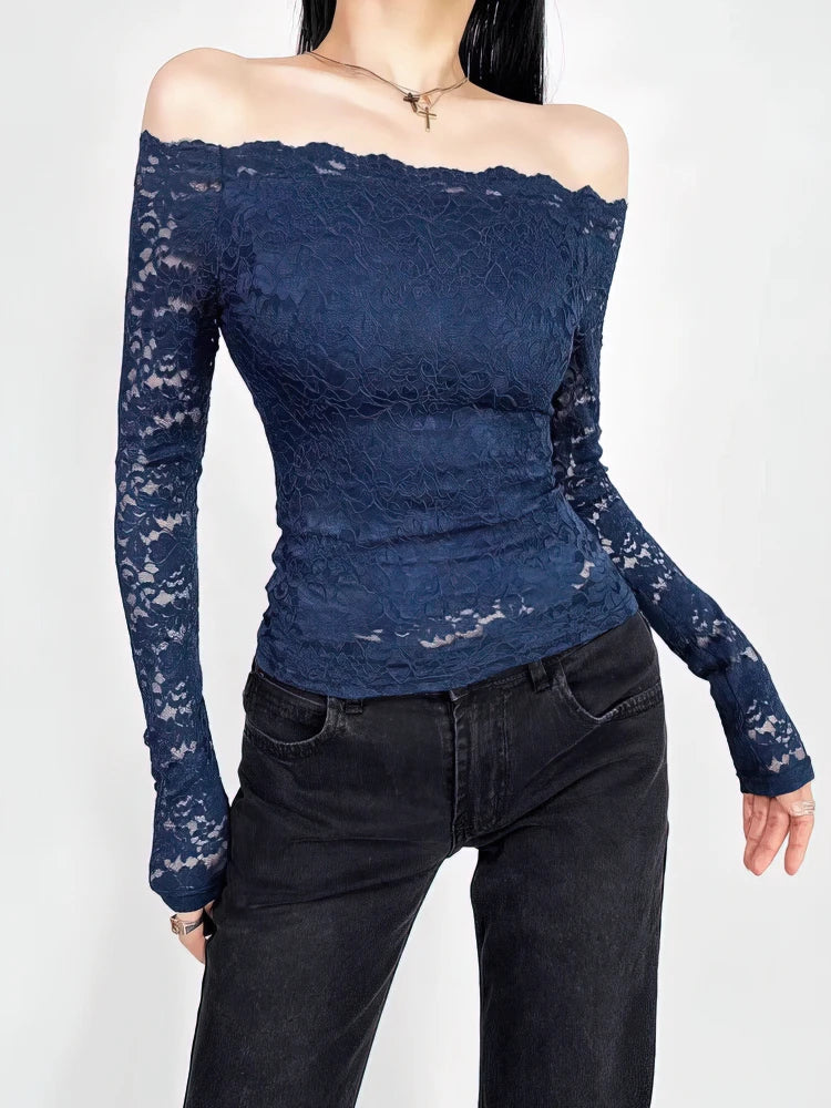 Sexy Lace Off shoulder Top Women Stretch Full Lace Hollow out Basic