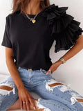 Women Summer Ruffles Short Sleeve Loose T Shirt Chic Elegant Solid O