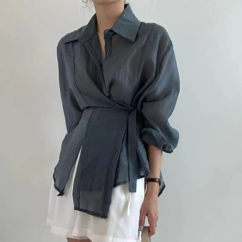 Fashion Long Sleeve Irregular Women Shirt Loose Casual Sunscreen