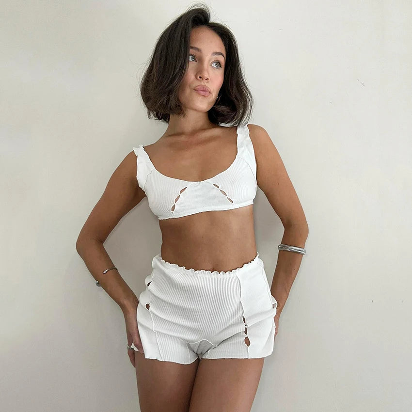 HiLoc Sexy White Crop Top Pajamas Woman Casual Ruffles Tank Top And