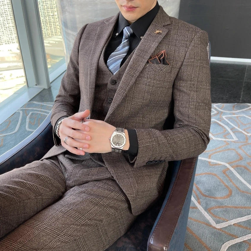 British Korean Style High Quality Modified Plaid Three-Piece Suit for