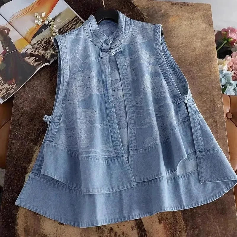 Ethnic Chinese Style Buckle Spring Summer Denim Vest Wearing A New