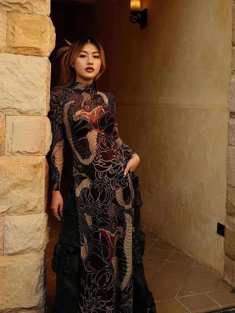 Nibber See Through Blouse Women Snake Print Half-High Neck Long