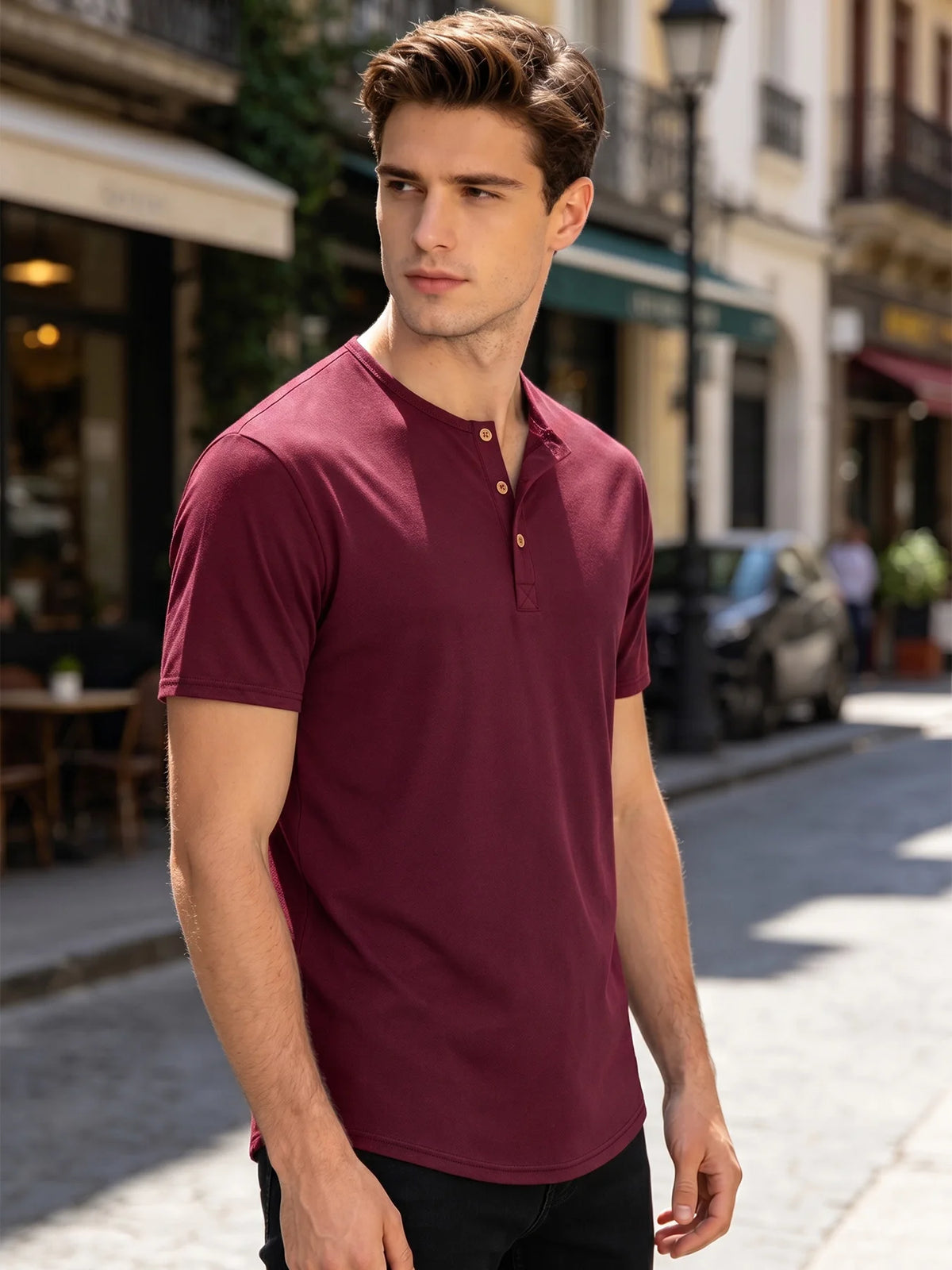 Men Henley Neck Short Sleeve T-Shirt Breathable Lightweight Quick Dry