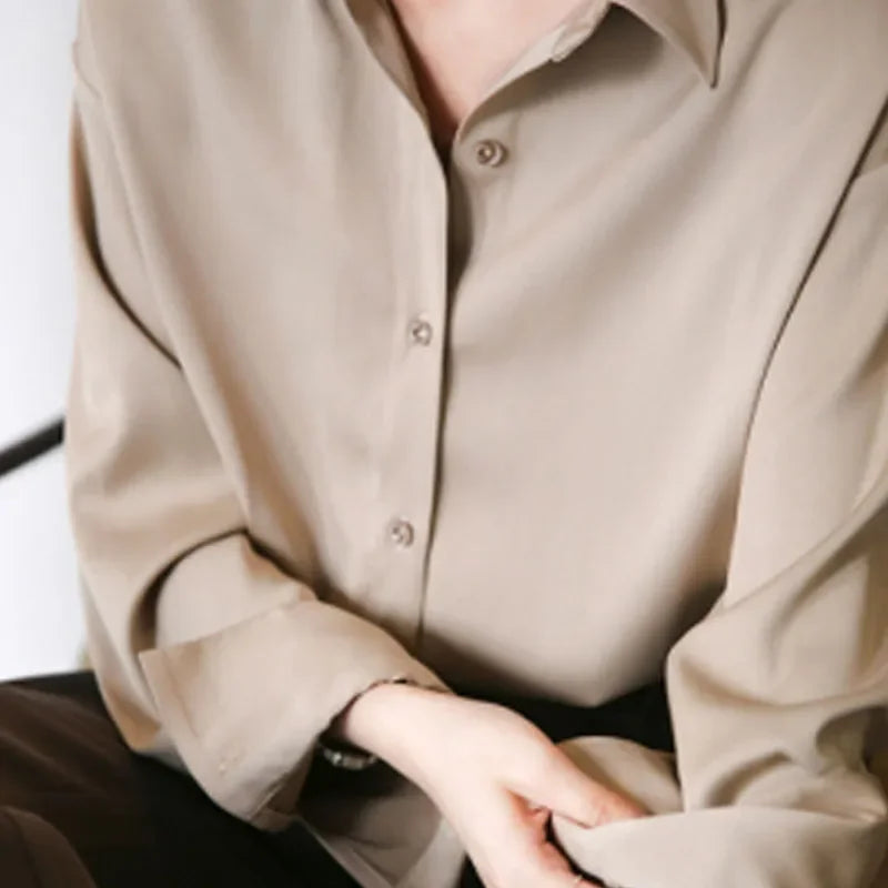 2026 Elegant Satin Loose Women Shirt Spring Turn-down Collar Ladies