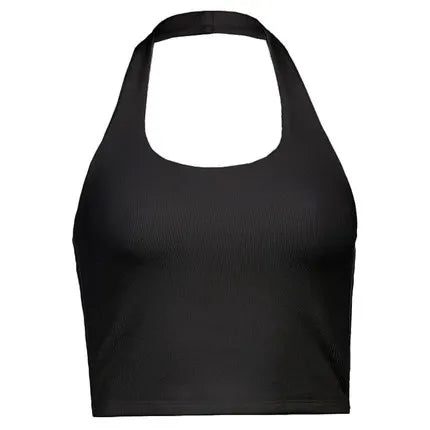 Women's Ribbed Halter Neck Crop Tank Top Sleeveless U-Neck Backless