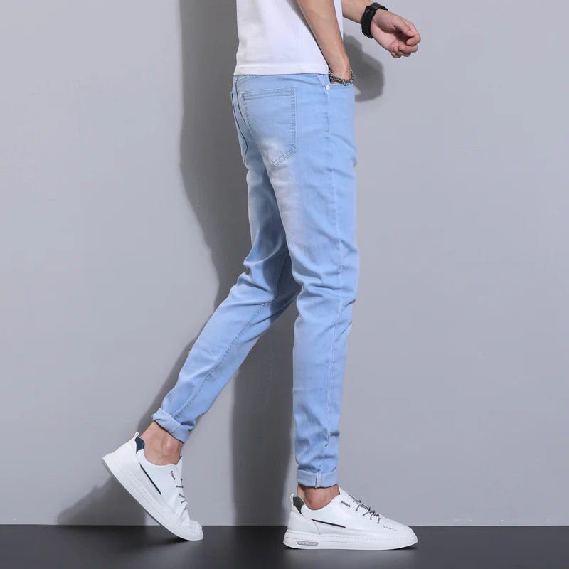2024 Men's Autumn New High Elastic Jeans Sky Blue Fashion Slim Fit
