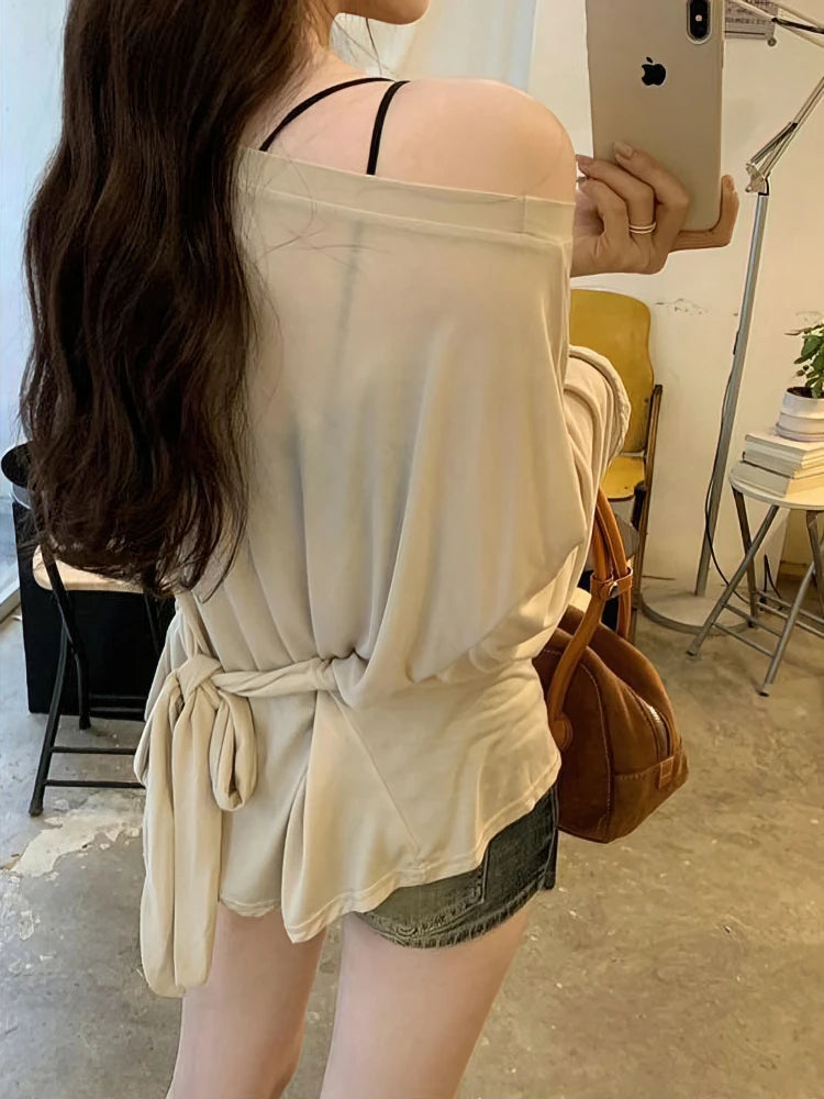 Sexy Thin See Through Long sleeve Oversize T shirt Women Bandage Off