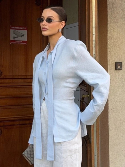 100% Cotton Shirts for Women New Spring Tie Belted Shirt Women's
