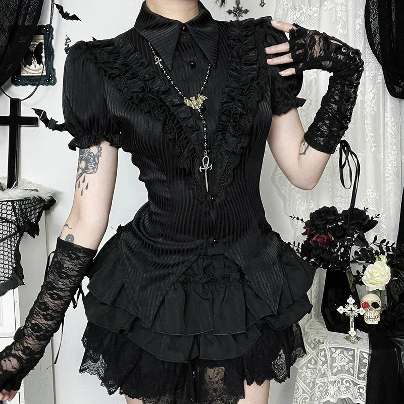 Goth Dark Kawaii Black Short Sleeve Buttons Shirt Lace-up Blouses Mall