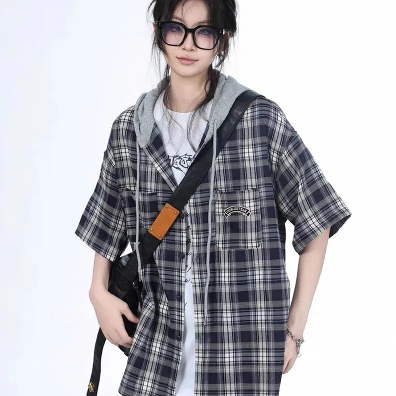 Harajuku Plaid Hooded Shirt Women Vintage Short Sleeve Y2K Bf Blouse