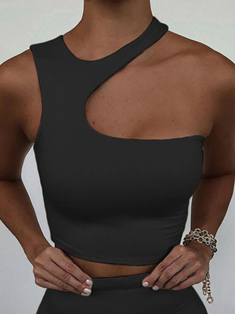 Cut Out Sexy Crop Off Shoulder Solid Skinny Sport Short Tops Women