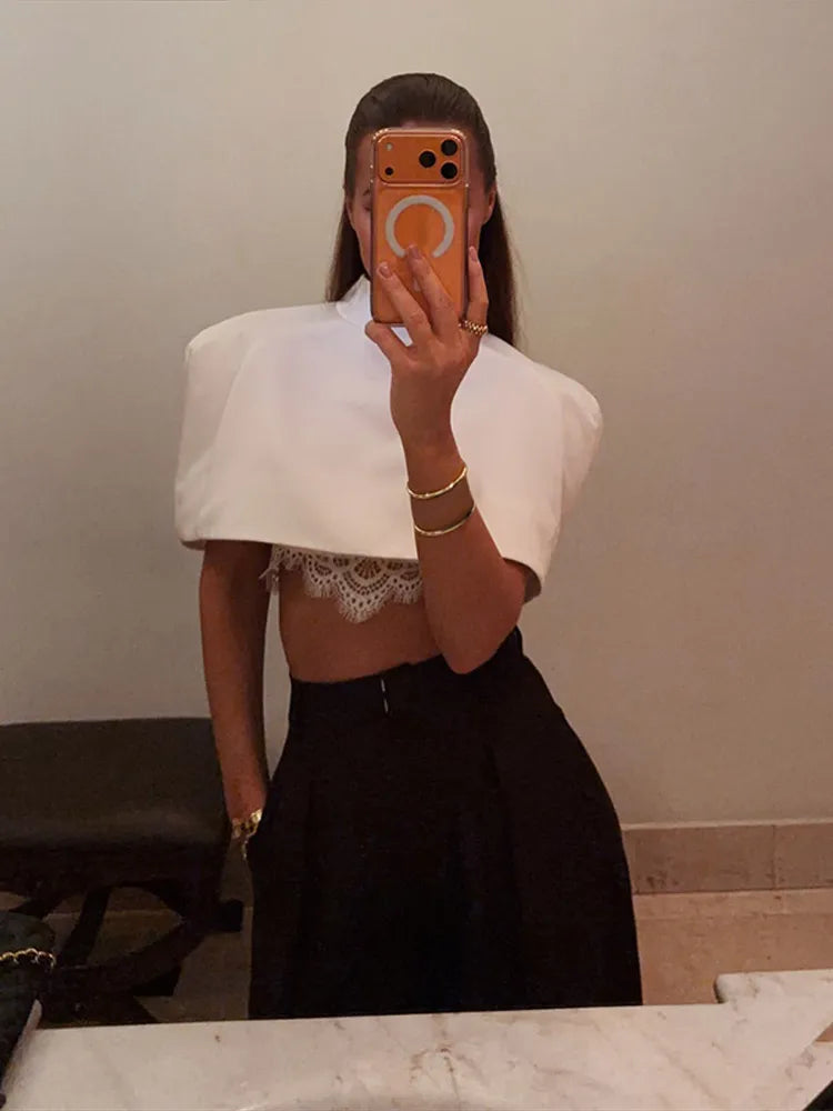Cropped Women Blazer Zipper Sleeveless Stand Collar Solid Elegant