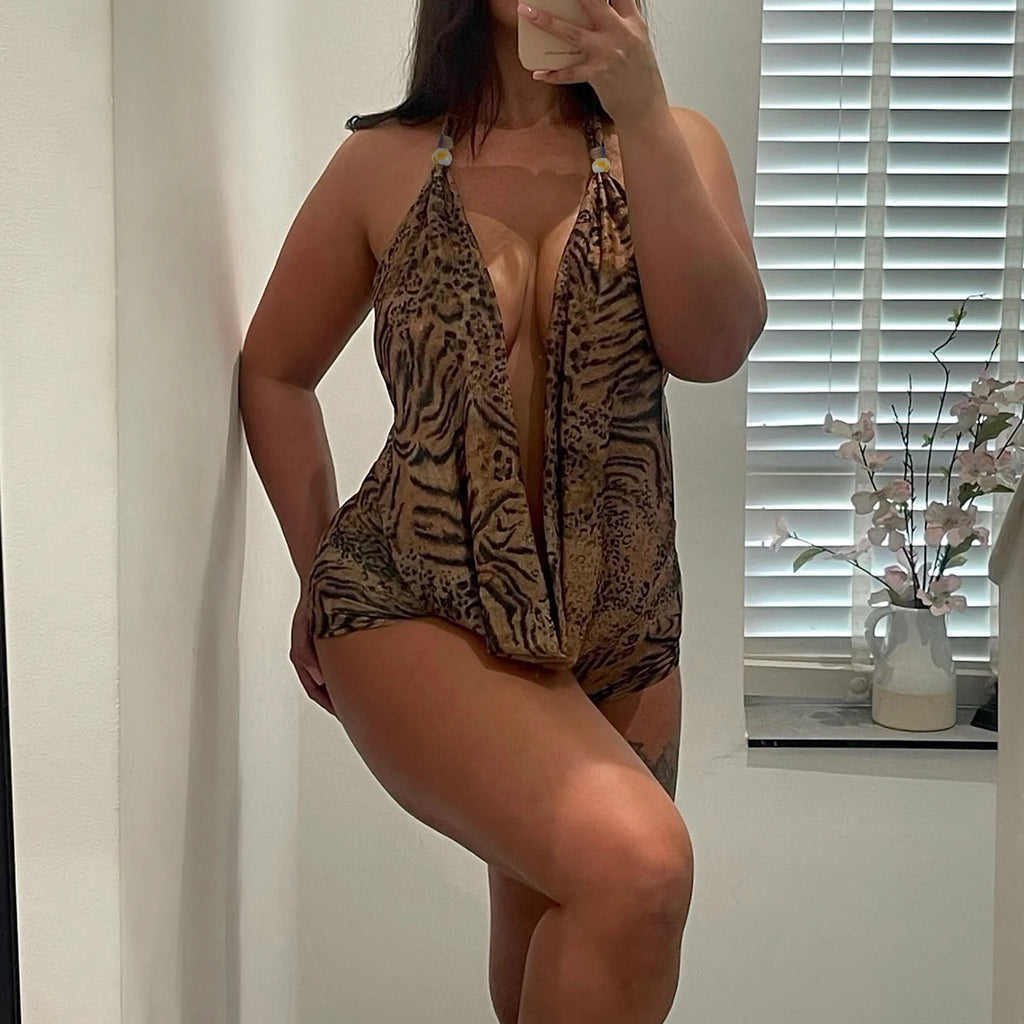 SUCHCUTE Woman Leopard Print 2 Piece Set Outfit Halter Deep V-neck