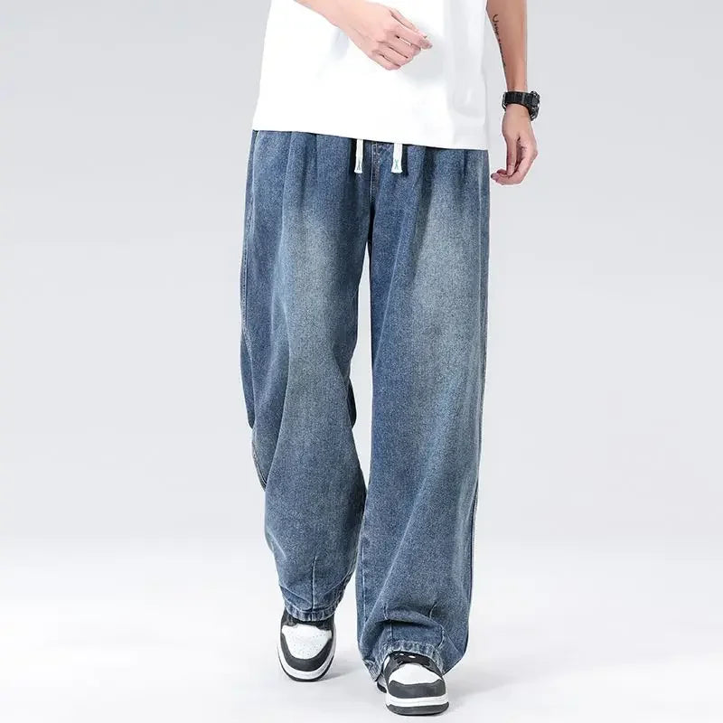 New Men's Elastic Waist Jeans Loose Wide Leg Casual Straight Long