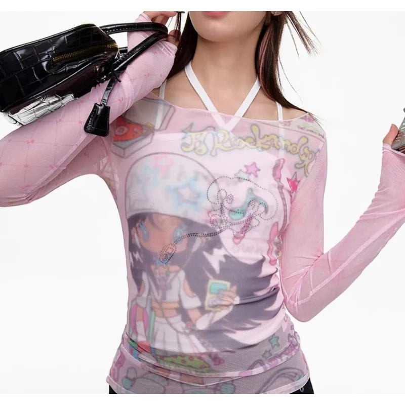 Y2k women clothing Patchwork Mesh Millennium Long Sleeve Shirts Female