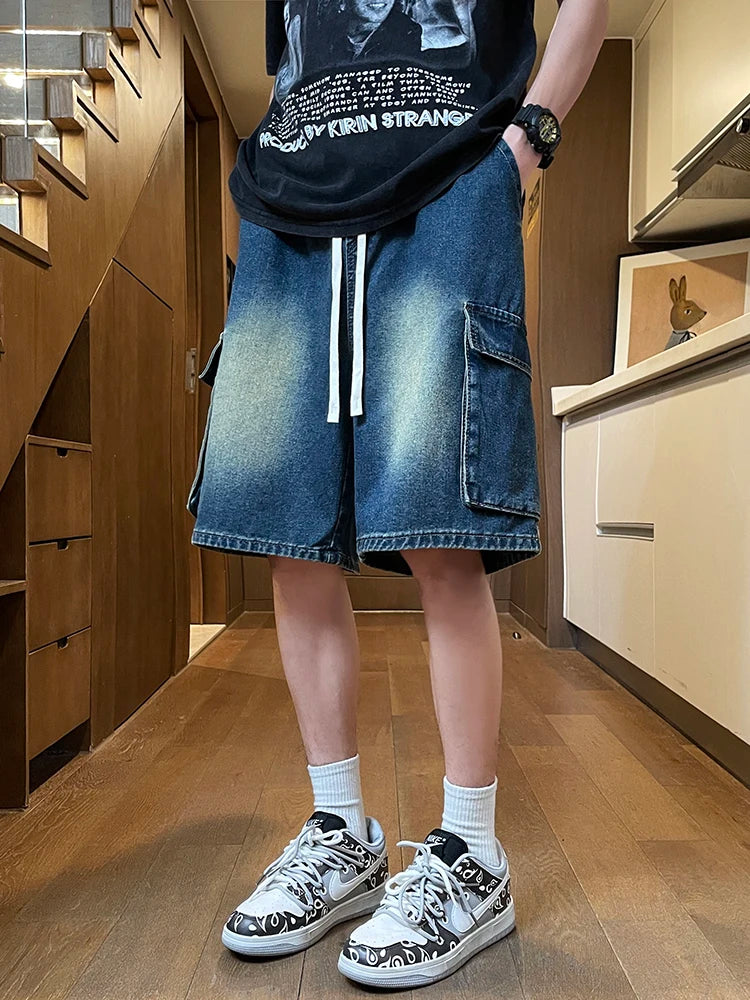 Summer Men's Cargo Denim Shorts Baggy Straight Fashion Casual Wide Leg