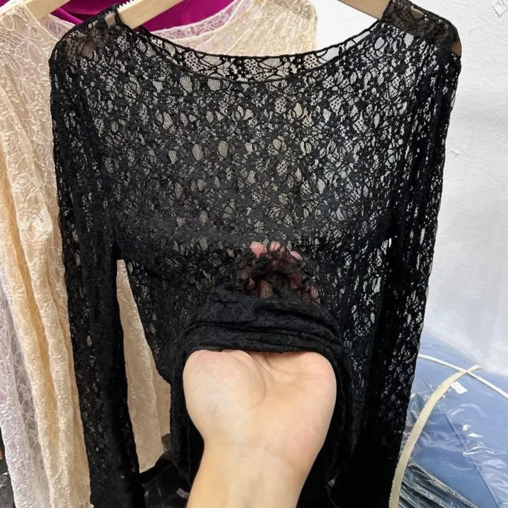 Sexy and slightly transparent black lace shirt women long sleeved