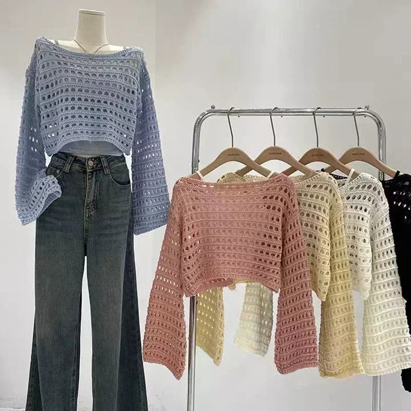 Summer 2026 Beach Bikini Cover Up Crop Pullover Long Sleeve Crochet